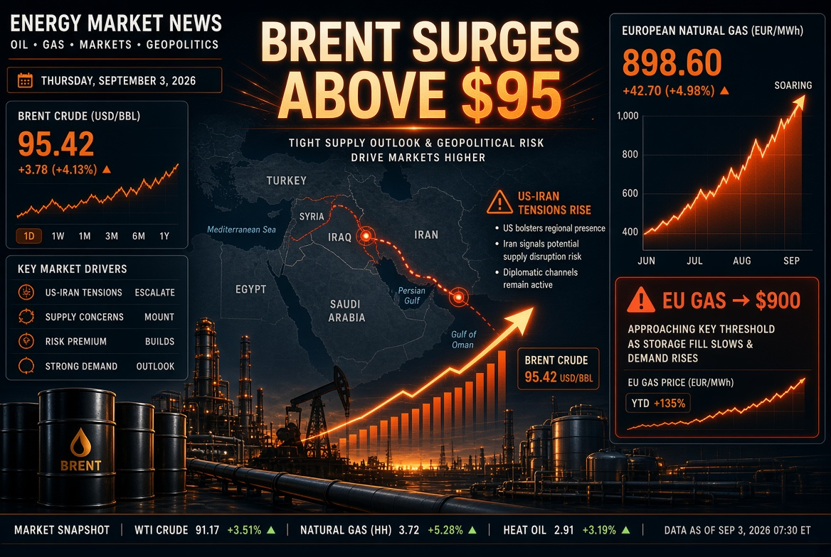 Balita sa Langis at Enerhiya — Huwebes, 3 Setyembre 2026: Pag-akyat ng US at Iran ay nagdulot ng pagtaas ng Brent sa itaas ng $95, ang gas sa Europa ay tumataas hanggang $900.