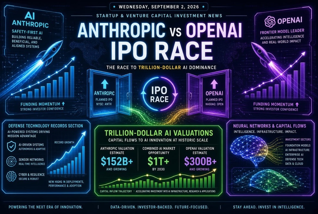 Balita sa mga startup at venture investments — Miyerkules, Setyembre 2, 2026: ang karera sa IPO ng Anthropic at OpenAI, trilyong halaga ng AI, at mga rekord sa defense technology