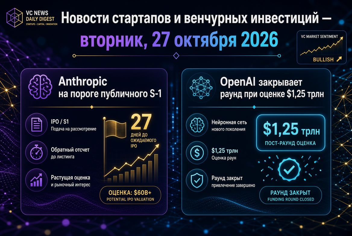 Balita sa mga Startup at Venture Investments — Martes, Oktubre 27, 2026: Anthropic sa brink ng pampublikong S-1, OpenAI ay nagsasara ng round na may valuation na $1.25 trillion