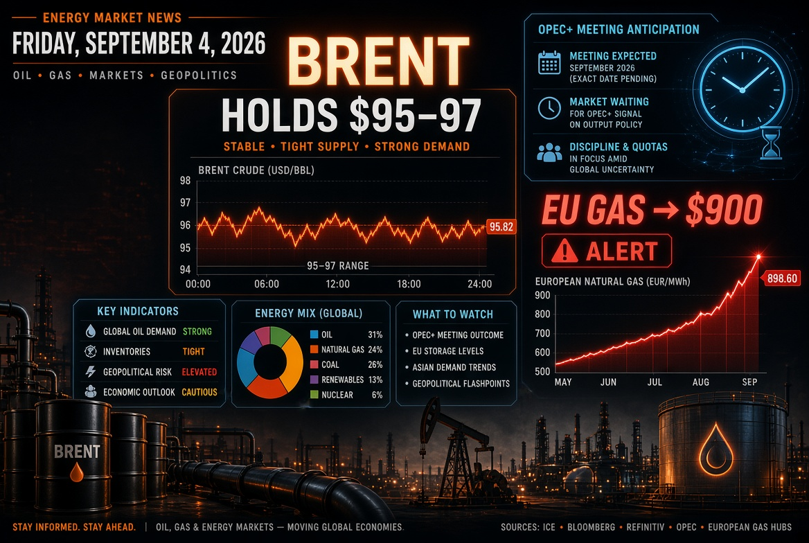 Balita tungkol sa langis at gas — Biyernes, Setyembre 4, 2026: Ang Brent ay nananatili sa $95–97 habang naghihintay sa pagpupulong ng OPEC+, ang gas sa Europa ay umaabot sa $900