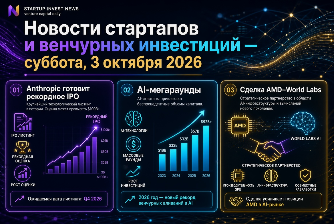 Balita ng mga Startup at Pamumuhunan — Sabado, Oktubre 3, 2026: Naghahanda ang Anthropic ng Rekord na IPO, AI Mega-Rounds at Kasunduan ng AMD–World Labs