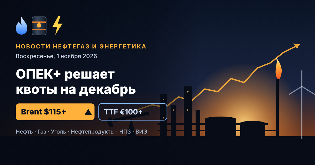 Balita ng langis, gas at enerhiya — Linggo, Nobyembre 1, 2026: Tinutukoy ng OPEC+ ang mga quota para sa Disyembre, Brent sa itaas ng $115 matapos ang mga pag-atake sa mga refinery ng Saudi