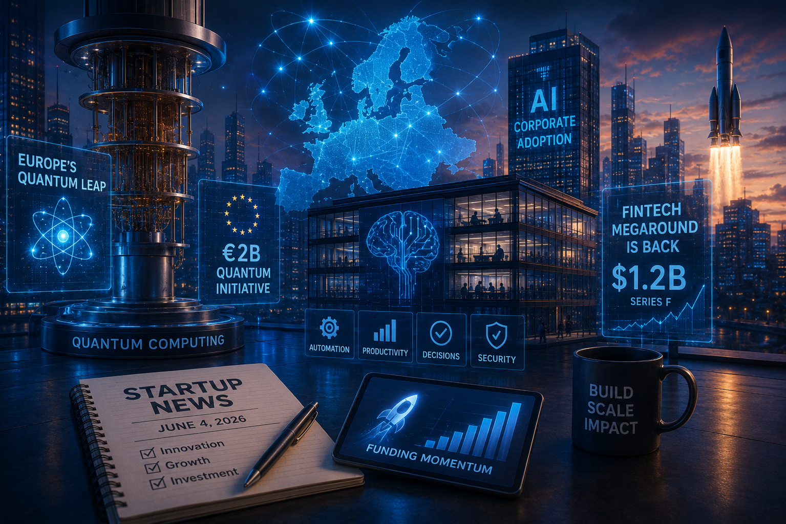 Balita ng mga Startup at Venture Investments, Huwebes, 4 Hunyo 2026: quantum breakthrough ng Europe, corporate AI at pagbabalik ng fintech mega-rounds