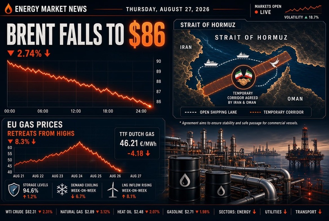 Balita sa langis at gas at enerhiya — Huwebes, Agosto 27, 2026: Nakipag-ayos ang Iran at Oman sa pansamantalang koridor sa Hormuz Strait, bumaba ang Brent sa $86, humihina ang gas sa Europa mula sa mga rurok.