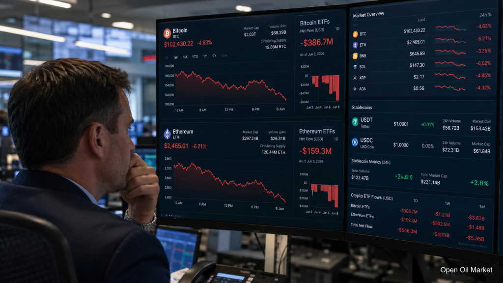 Merkado ng Kriptopamilihan 8 Hunyo 2026: Bitcoin sa Ilalim ng Presyon, Ethereum Bumababa, Lumalakas ang mga Stablecoin