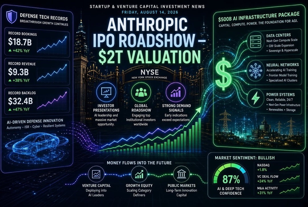 Mga Balita ng mga Startup at Pamumuhunan sa Venture — Biyernes, Agosto 14, 2026: roadshow ng IPO ng Anthropic na $2 trilyon, pakete na $500 bilyon para sa AI infrastructure at mga rekord sa teknolohiya ng depensa.