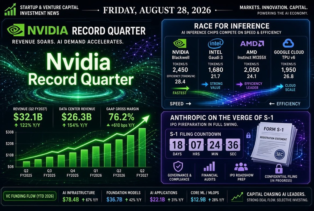 Balita tungkol sa mga Startup at Venture Capital — Biyernes, Agosto 28, 2026: rekord na quarter ng Nvidia, kumpetisyon sa inference at ang Anthropic ay nasa hangganan ng publiko na S-1.