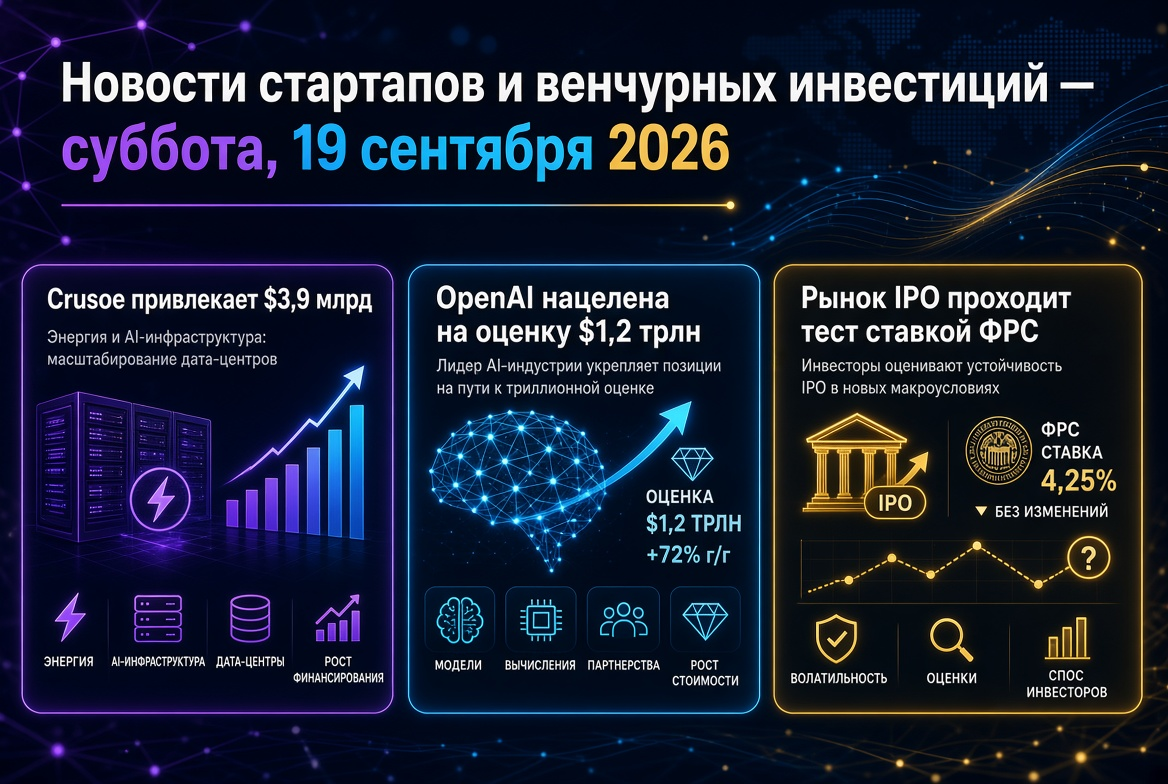 Balita ng mga Startup at Venture Investments — Sabado, Setyembre 19, 2026: Crusoe Nakakuha ng $3.9 Bilyon, OpenAI Nakatutok sa Valuation na $1.2 Trilyon, IPO Market na Sumasailalim sa Pagsubok sa Rate ng Fed