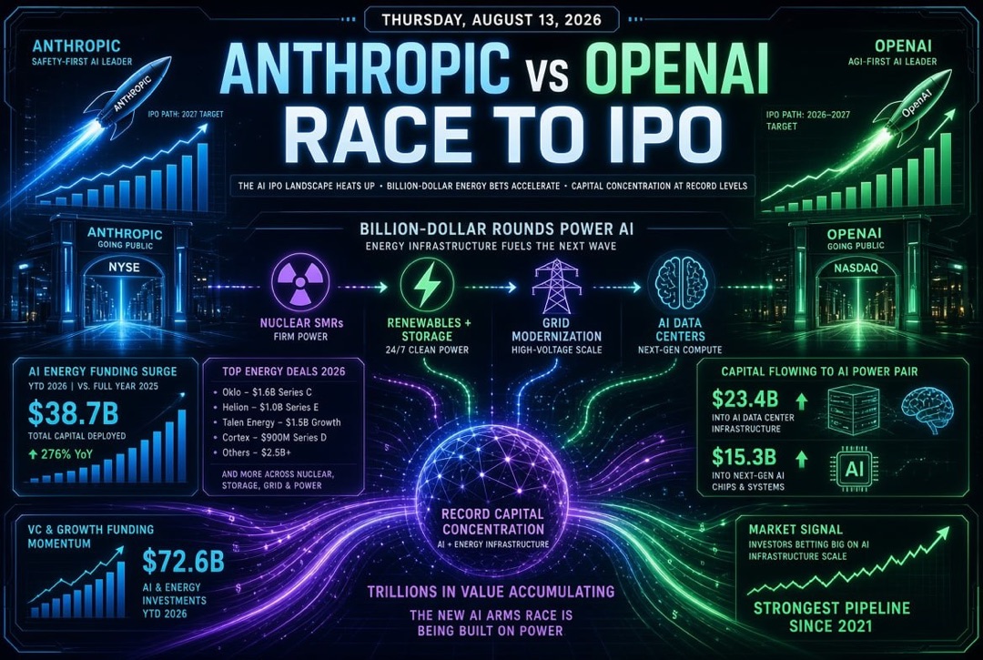Mga balita tungkol sa mga startup at venture capital — Huwebes, 13 ng Agosto 2026: karera ng Anthropic at OpenAI patungong stock exchange, bilyong dolyar na mga round sa sektor ng enerhiya para sa AI at rekord na konsentrasyon ng kapital.
