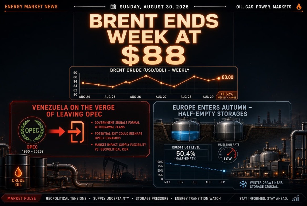Balita sa Langis at Enerhiya — Linggo, Agosto 30, 2026: Venezuela na nasa bingit ng paglabas mula sa OPEC, Brent ay nagtapos ng linggo sa $88, Europa ay nagpasok ng taglagas na may mga semi-empty na UGS