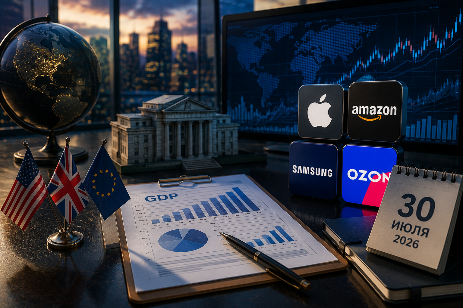 Mga Pang-ekonomiyang Kaganapan at mga Corporate Report: Huwebes, ika-30 ng Hulyo 2026 - GDP ng Estados Unidos, Desisyon ng Bank of England, Report ng Apple, Amazon, Samsung at Ozon