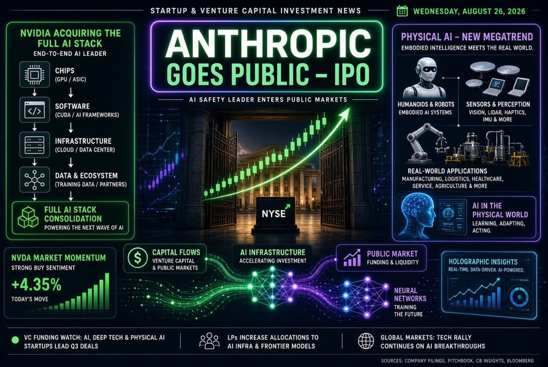 Balita ng mga Startup at Venture Capital - Miyerkules, ika-26 ng Agosto, 2026: Ang Anthropic ay lumalabas sa IPO, ang Nvidia ay bumibili ng buong AI-stack, at ang Physical AI ay nagiging bagong megatrend