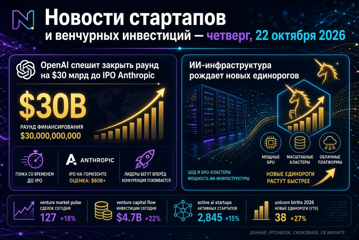 Balita tungkol sa mga startup at venture capital — Huwebes, Oktubre 22, 2026: Agad na isinara ng OpenAI ang $30 bilyon na pag-ikot bago ang IPO ng Anthropic, habang ang AI infrastructure ay nagbubunga ng mga bagong unicorn.
