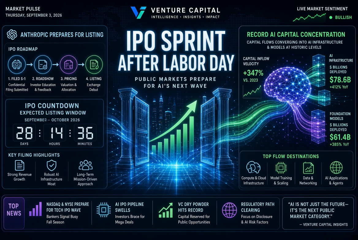 Mga Balita sa mga Startup at mga Pamumuhunan sa Venture — Huwebes, Setyembre 3, 2026: IPO-sprint pagkatapos ng Araw ng Pagtatrabaho, paghahanda ng Anthropic para sa listahan at rekord ng konsentrasyon ng AI-capital