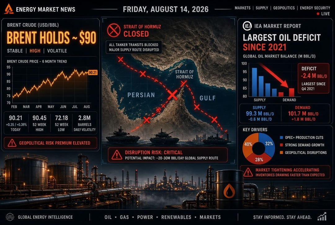 Balita sa langis at enerhiya — Biyernes, Agosto 14, 2026: Brent ay nanatili sa $90 sa likod ng nakasara na Straits of Hormuz; IEA ay nagtatala ng pinakamalaking kakulangan ng langis mula 2021.