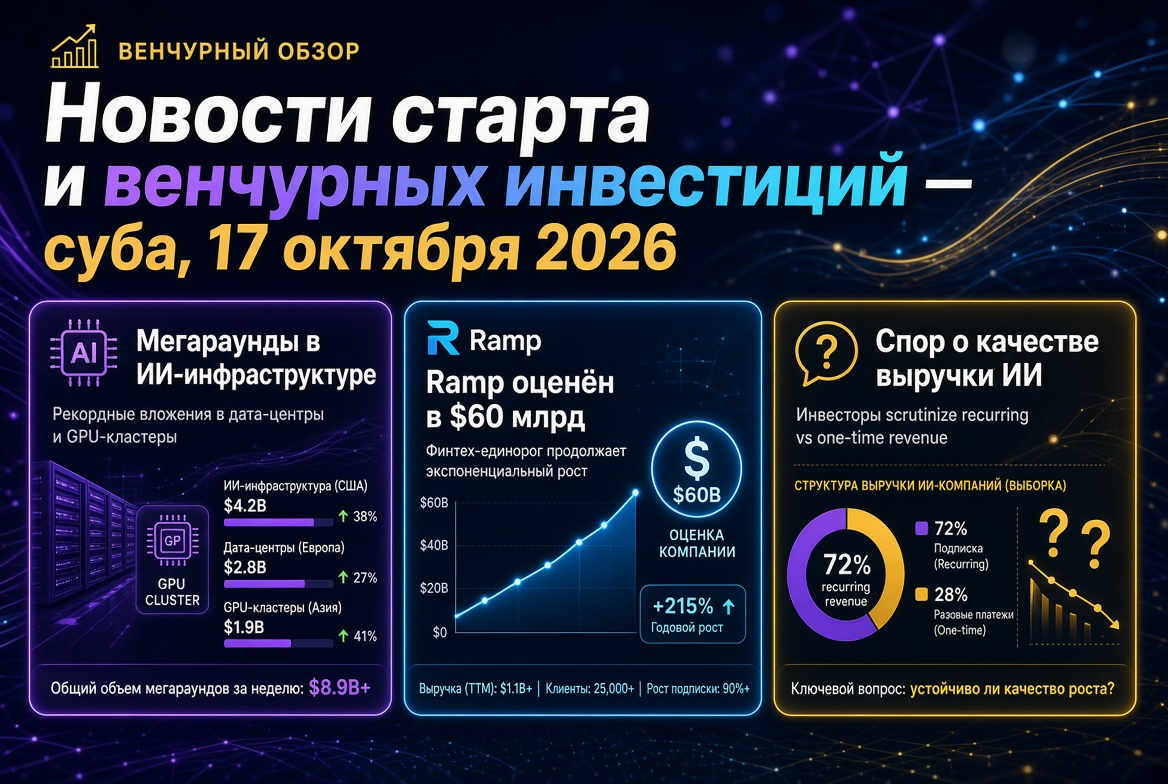 Mga Balita Tungkol sa mga Startup at Pamumuhunan sa Venture — Sabado, Oktubre 17, 2026: Megarounds sa Imprastruktura ng AI, Ramp na Na-assess sa $60 Bilyon at Usapan Tungkol sa Kalidad ng Kita ng AI