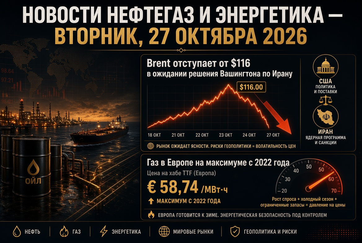Mga balita sa langis at gas at enerhiya — Martes, 27 Oktubre 2026: Brent ay humihiwalay mula sa $116 sa paghihintay ng desisyon ng Washington tungkol sa Iran, gas sa Europa ay nasa pinakamataas mula 2022