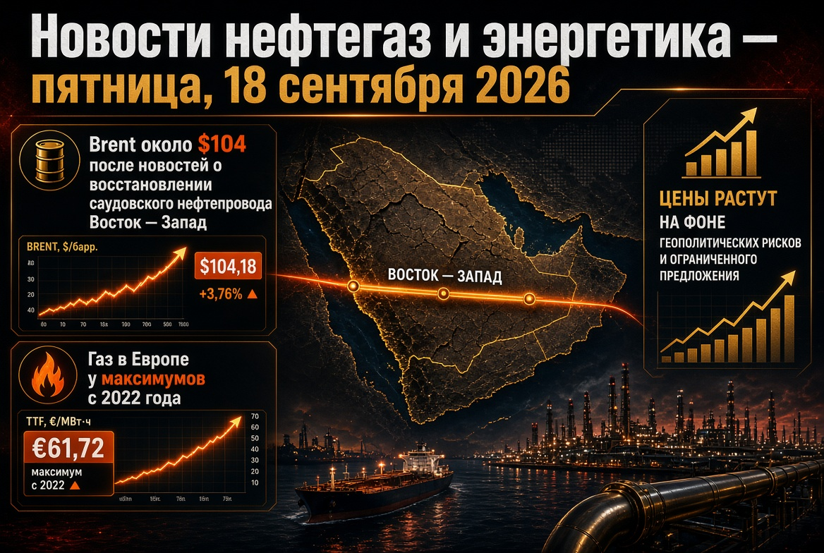 Balita sa langis at gas at enerhiya — Biyernes, 18 Setyembre 2026: Brent sa paligid ng $104 matapos ang balita tungkol sa pagbawi ng Saudi oil pipeline East-West, gas sa Europa sa pinakamataas mula noong 2022