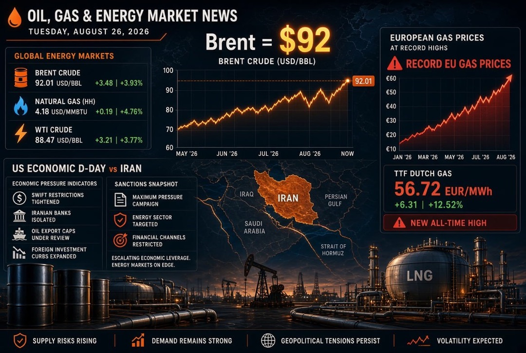 Balita sa langis at gas at enerhiya — Martes, Agosto 26, 2026: "ekonomiyang D-Day" ng US laban sa Iran, Brent sa $92 at mga rekord na presyo ng gas sa Europa.