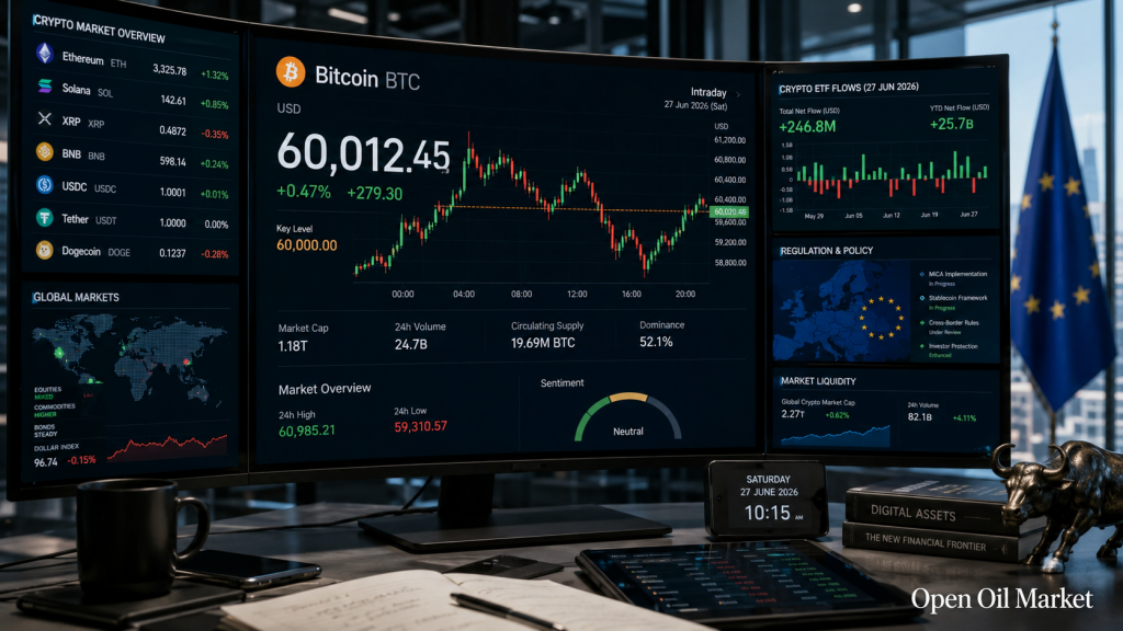 Global na Merkado ng Cryptocurrency 27 Hunyo 2026: Bitcoin, Ethereum, mga daloy ng ETF, stablecoins at regulasyon MiCA