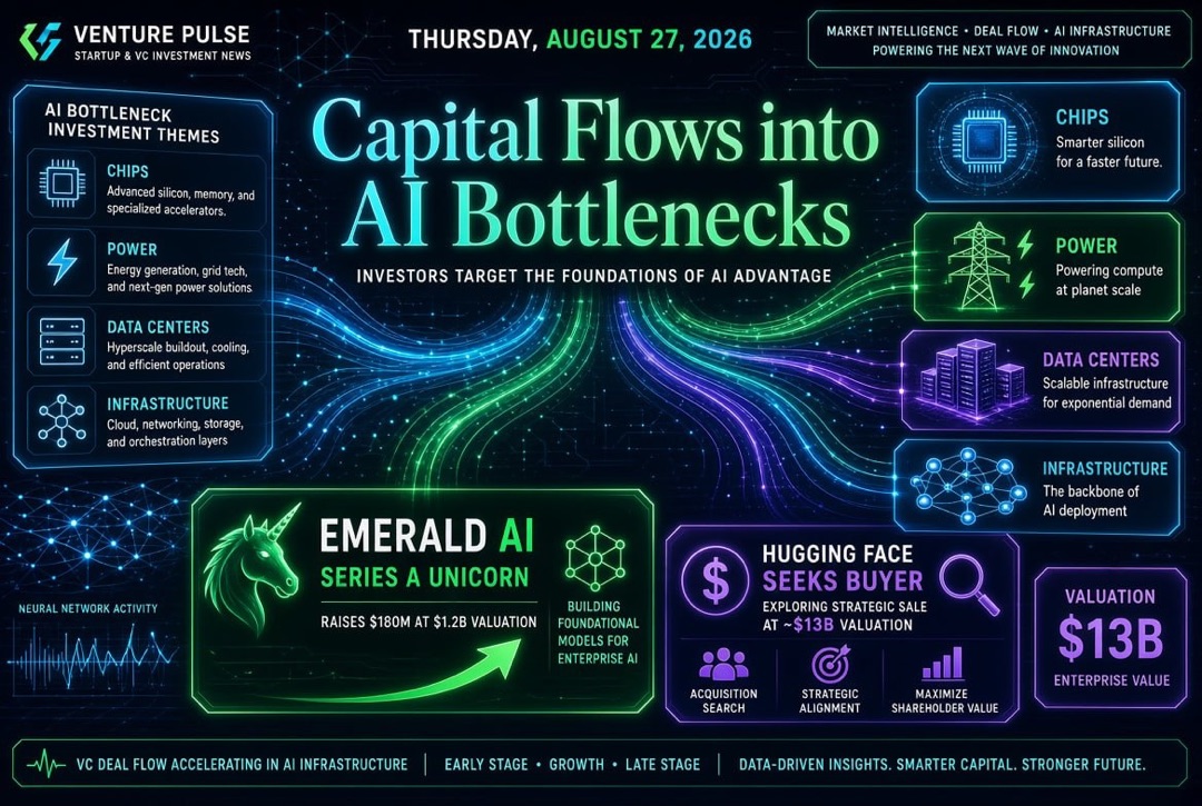 Balita ng mga Startup at Venture Capital — Huwebes, 27 Agosto 2026: ang kapital ay umaalis sa "sikip" ng AI, naging unicorn ang Emerald AI sa Series A, at naghahanap ang Hugging Face ng mamimili para sa $13 bilyon.
