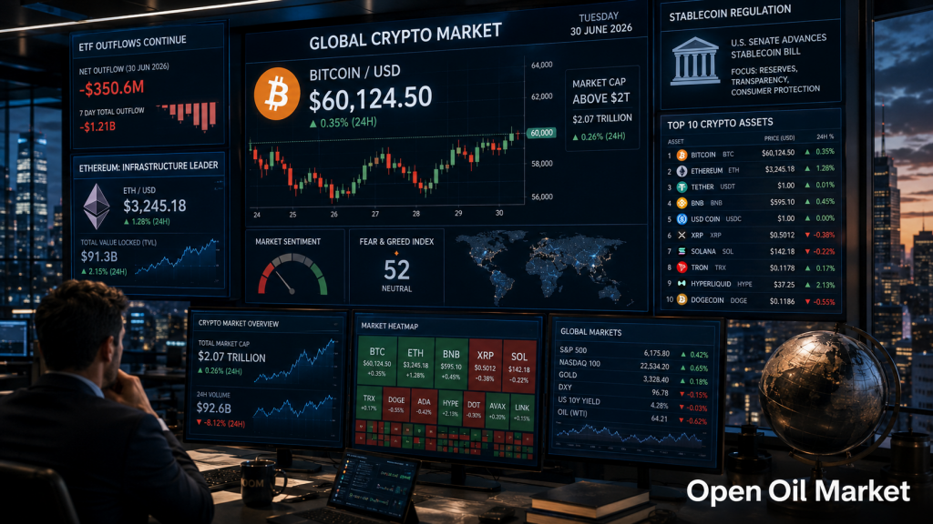 Merkado ng Cryptocurrencies noong Hunyo 30, 2026: Ethereum, Solana, XRP, BNB, USDT, USDC at ETF Outflows