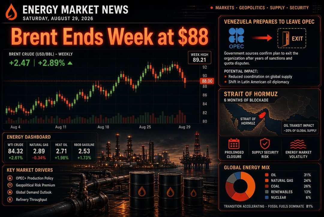 Balita sa langis at enerhiya — Sabado, Agosto 29, 2026: Venezuela handa na sa pag-alis mula sa OPEC, Brent nagtapos ng linggo sa $88, kalahating taon na pagharang sa Hormuz Strait