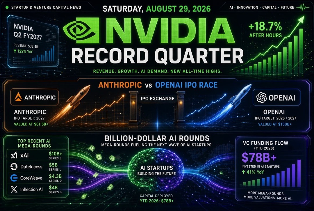 Balita ng mga Startup at Venture Investments — Sabado, ika-29 ng Agosto 2026: Rekord na Kwartal ng Nvidia, IPO na Karera ng Anthropic at OpenAI at Bilyun-bilyong AI na Round