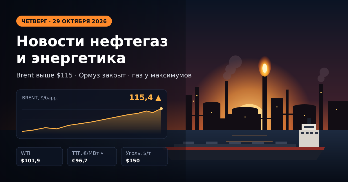 Balita sa langis at gas at enerhiya — Huwebes, Oktubre 29, 2026: Brent lampas $115 matapos ang pag-atake ng Houthi sa Ras Tanura, gas sa Europa nasa pinakamataas mula 2022