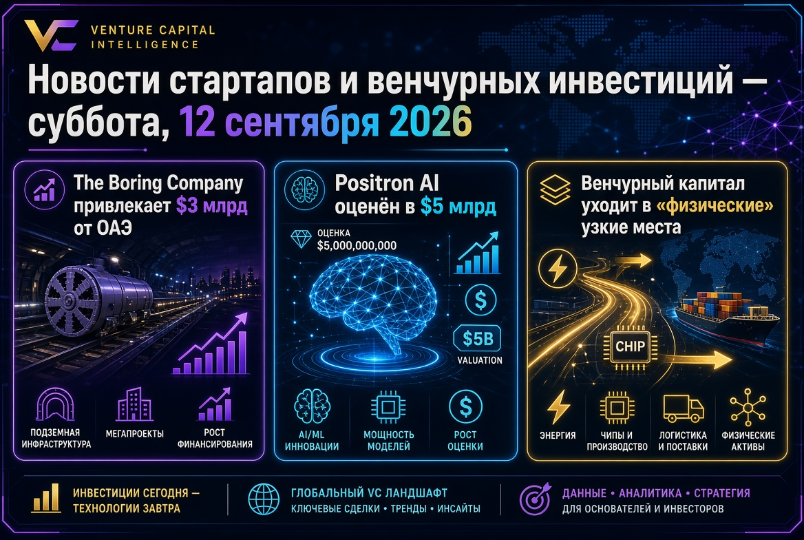 Balita tungkol sa mga startup at pamuhunan sa panganib — Sabado, Setyembre 12, 2026: Ang The Boring Company ay nakakakuha ng $3 bilyon mula sa UAE, ang Positron AI ay tinatayang nagkakahalaga ng $5 bilyon, at ang venture capital ay umaalis patungo sa "pis