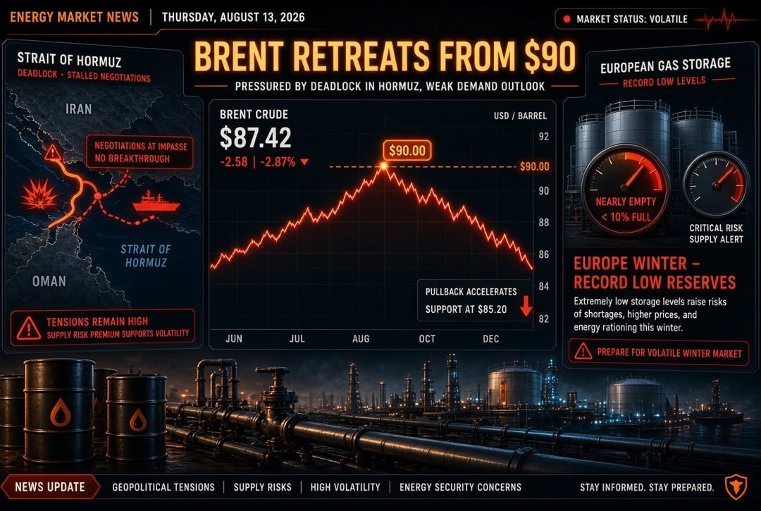 Balita ng langis at gas at enerhiya - Huwebes, August 13, 2026: Brent ay nahulog mula $90 sa ilalim ng impasse sa Hormuz Strait; ang Europa ay pumasok sa taglamig na may rekord na mababang imbentaryo ng gas.