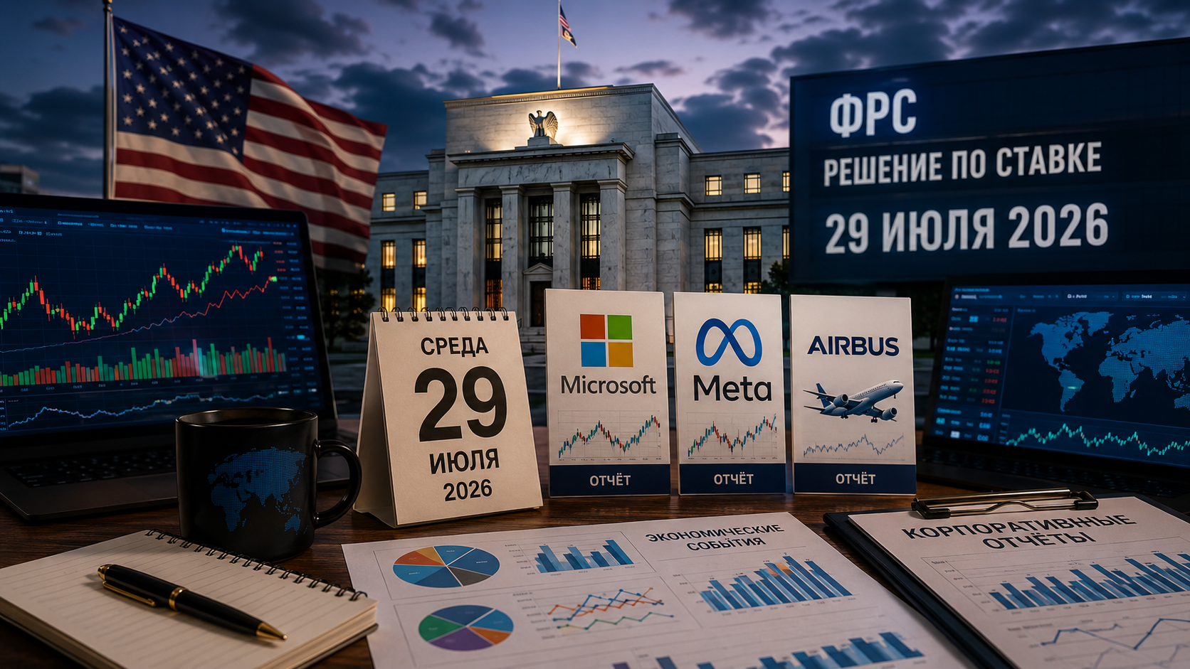 Mga Kaganapang Pang-ekonomiya at Mga Ulat ng Korporasyon: Miyerkules, Hulyo 29, 2026 — Desisyon ng FRS sa Rate, Mga Ulat ng Microsoft, Meta at Airbus