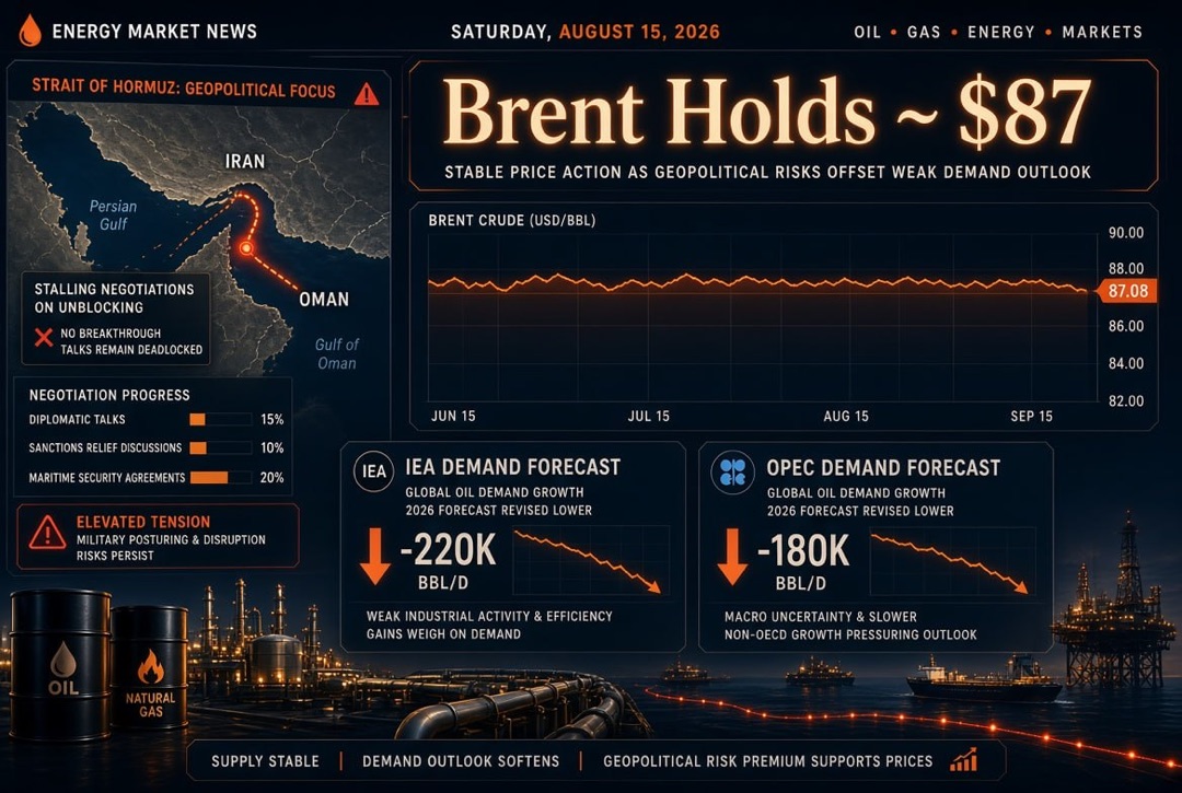 Balita sa langis at gas at enerhiya — Sabado, Agosto 15, 2026: Ang Brent ay nananatili sa $87 sa gitna ng humihinto na mga negosasyon tungkol sa pagbabalik ng Hormuz Strait; ang IEA at OPEC ay nagbaba ng mga forecast ng demand.