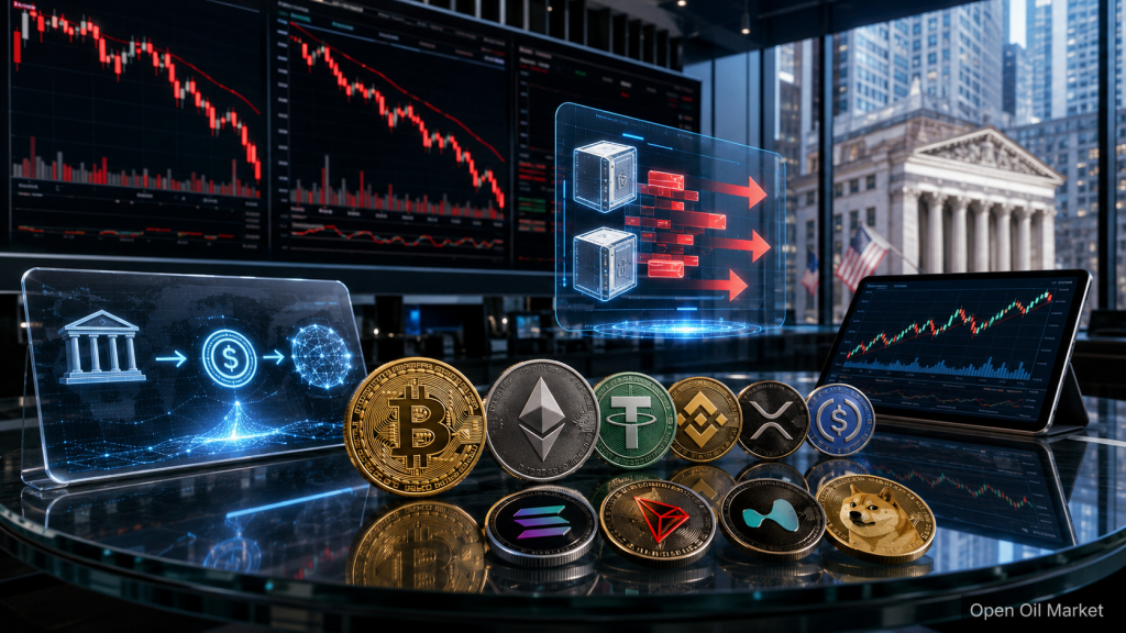 Balita ng Cryptocurrency noong Hunyo 1, 2026, Bitcoin at Ethereum sa background ng trading charts, ETF outflows, stablecoins at nangungunang 10 cryptocurrencies