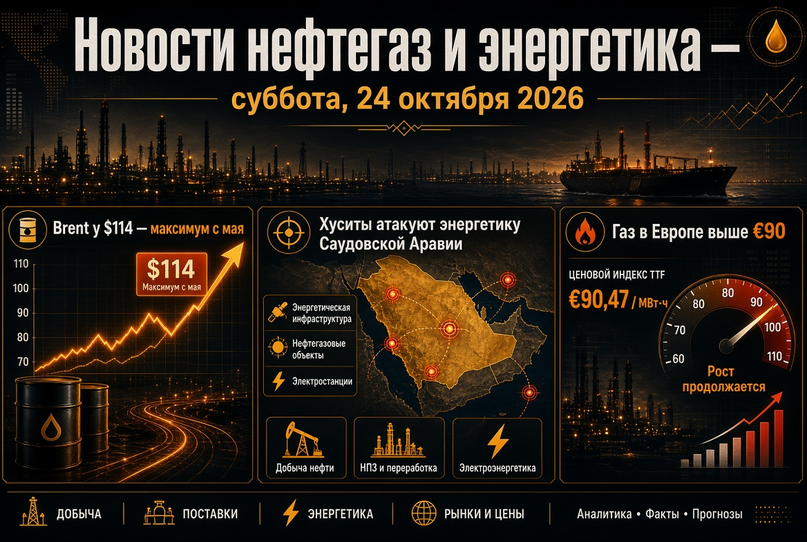 Balita sa Langis at Gas — Sabado, Oktubre 24, 2026: Brent sa $114 — pinakamataas mula noong Mayo, mga Houthi na umaatake sa enerhiya ng Saudi Arabia, gas sa Europa na higit sa €90