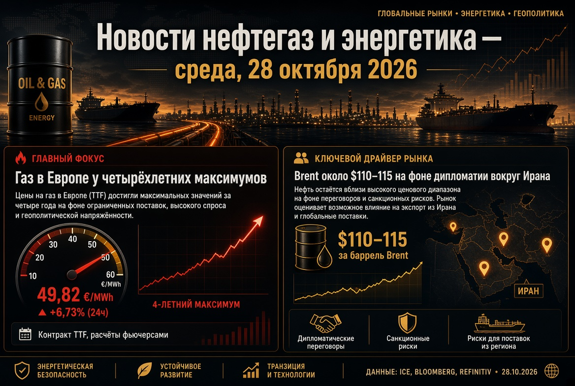 Balita sa langis at enerhiya — Miyerkules, Oktubre 28, 2026: gas sa Europa sa apat na taong mataas, Brent sa paligid ng $110–115 sa gitna ng diplomasya sa Iran.