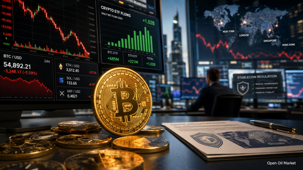 Merkado ng Cryptocurrency Hulyo 9, 2026: Bitcoin sa ilalim ng presyon, mga pag-agos sa ETF, Ethereum, Solana, XRP at regulasyon ng mga stablecoin