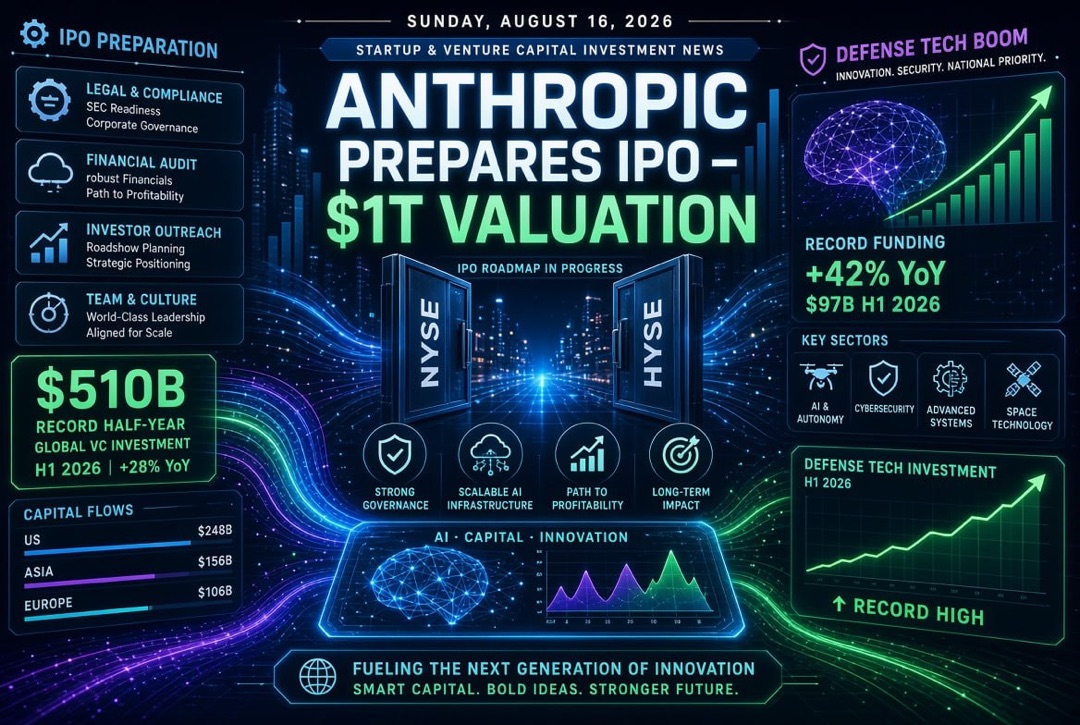 Mga Balita sa Startup at Venture Capital — Linggo, Agosto 16, 2026: Anthropic naghahanda ng IPO na $1 trilyon, rekord na $510 bilyon sa unang kalahati at pagsabog ng teknolohiya sa depensa.