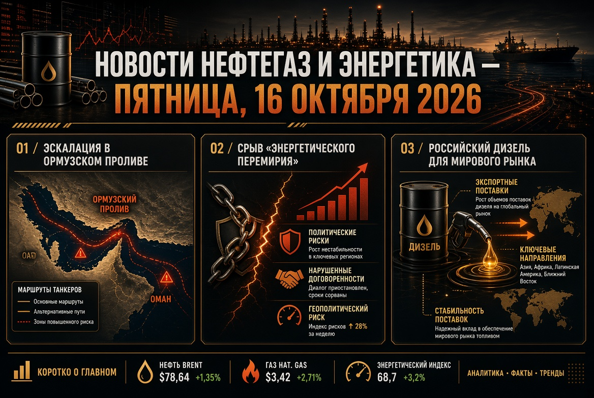 Balita sa langis at gas at enerhiya — Biyernes, 16 Oktubre 2026: pagtaas sa Hormuz Strait, pagkasira ng "energetic ceasefire" at Russian diesel para sa pandaigdigang merkado.